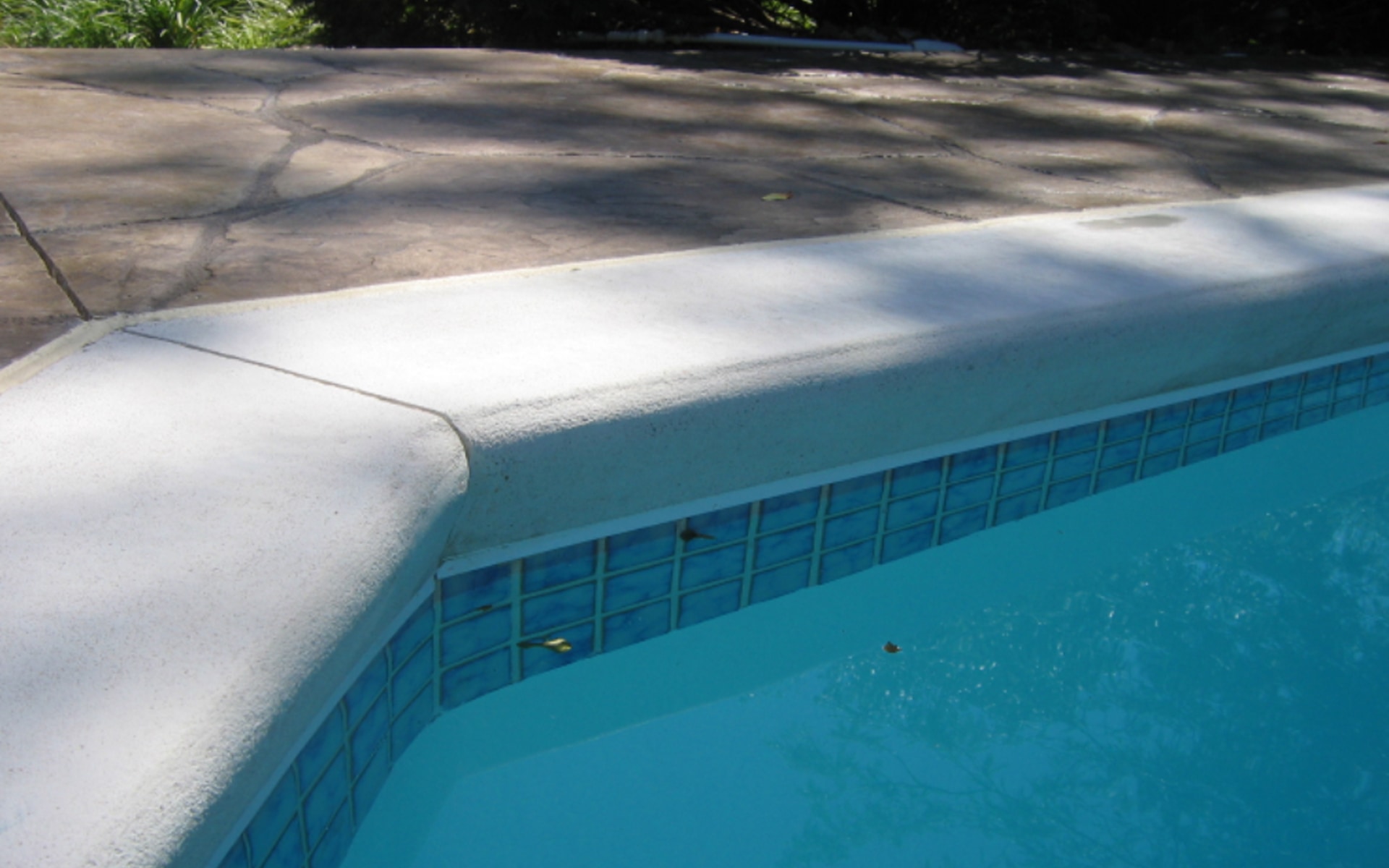 Close-up of a swimming pool corner showing white coping, blue tiles, and clear water. Sunlit concrete surrounds the pool, casting soft shadows.