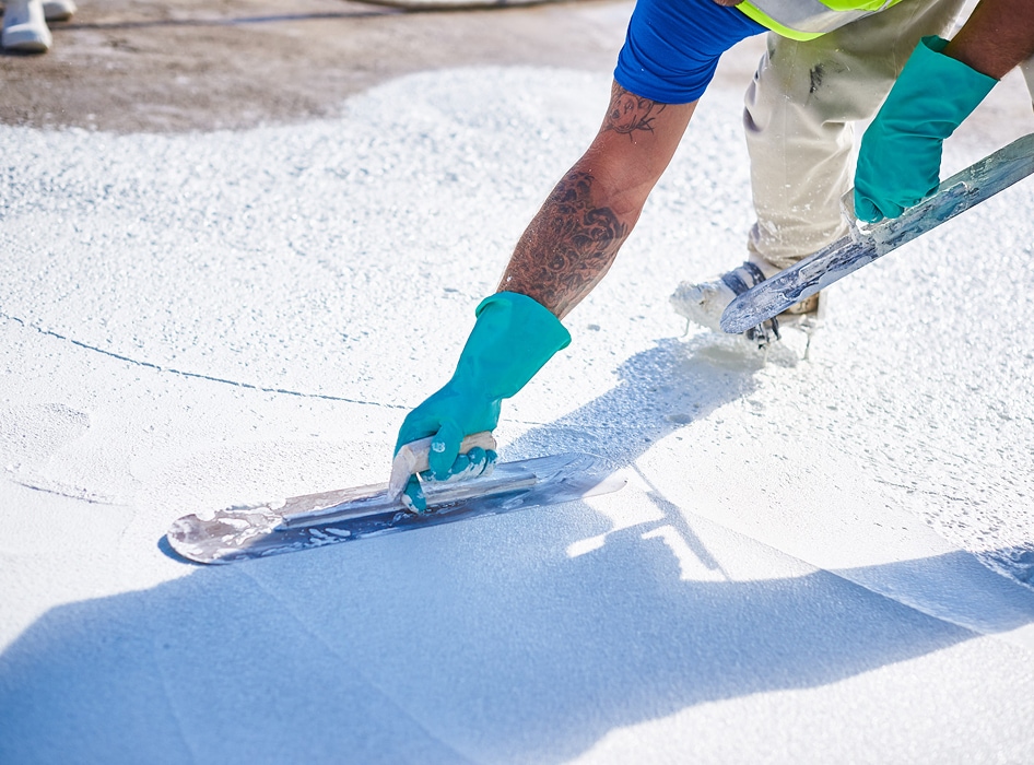 A person in blue gloves spreads fresh white concrete with a trowel. Sunlight highlights their tattooed arm and construction attire, conveying focus and craftsmanship.