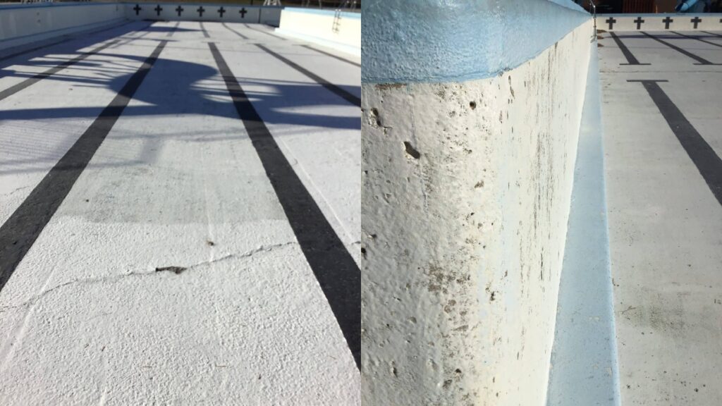 Empty swimming pool showing cracks and wear. Left side: view of pool floor with cracks. Right side: close-up of chipped, rough edge.