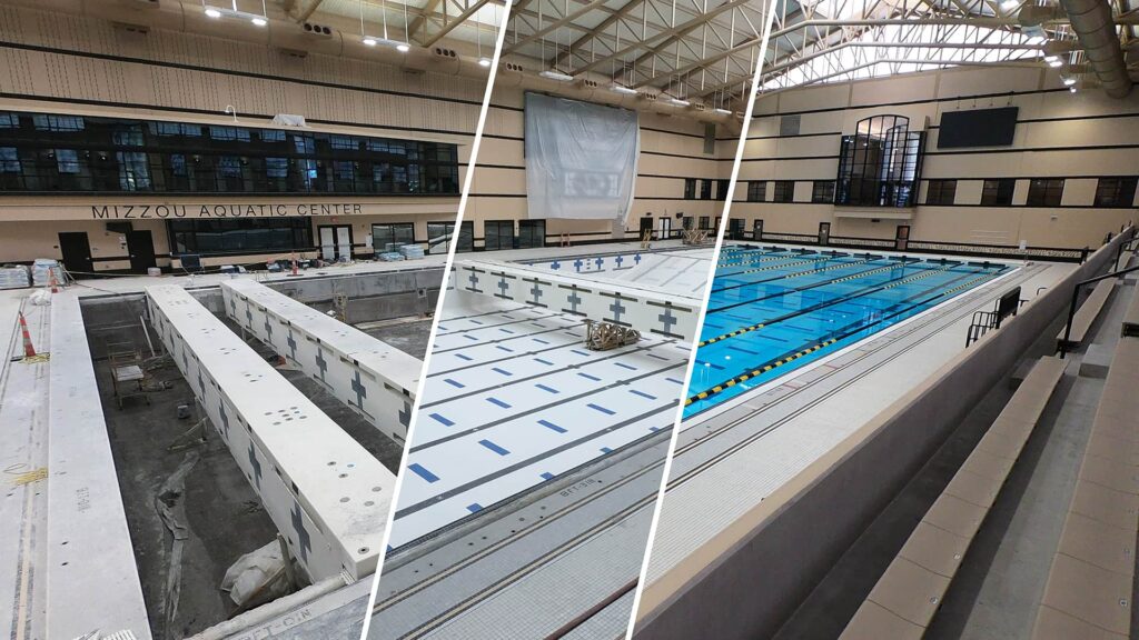 Three-panel image showing the transformation of an indoor swimming pool at the Mizzou Aquatic Center. Left: empty pool under construction. Center: completed structure without water. Right: filled pool with lanes, ready for use. Large windows and high ceilings create an airy feeling.