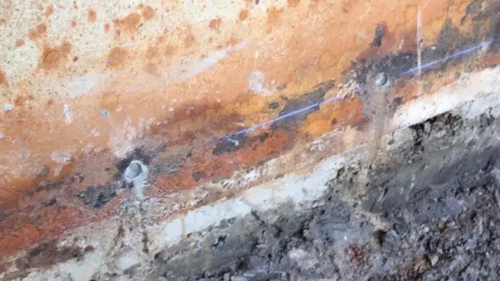 Close-up of a deteriorating wall showing severe rust and water damage. Rust stains in orange and brown, with eroded lower edges and exposed concrete.