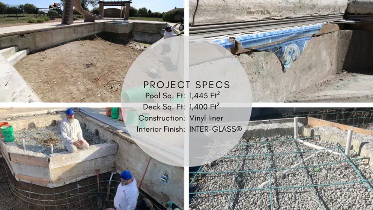 Four images show different construction stages of a pool and deck area with specs overlay. Workers are present, and the mood is industrious.