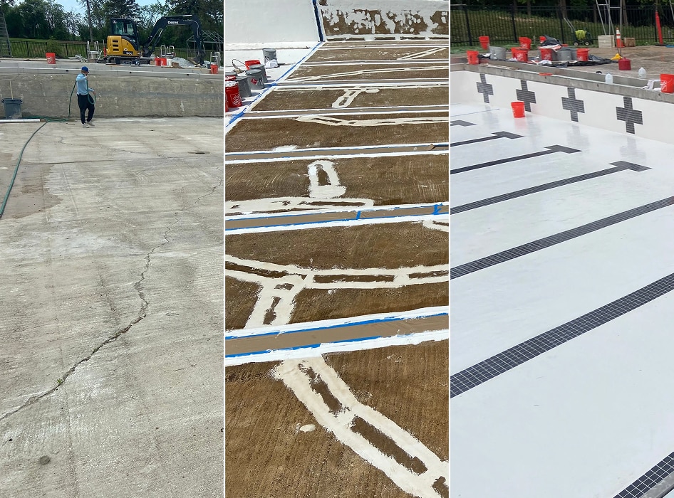 Three panel image showing pool renovation. Left: empty cracked pool; center: patchwork repairs; right: freshly painted pool with lane markers.