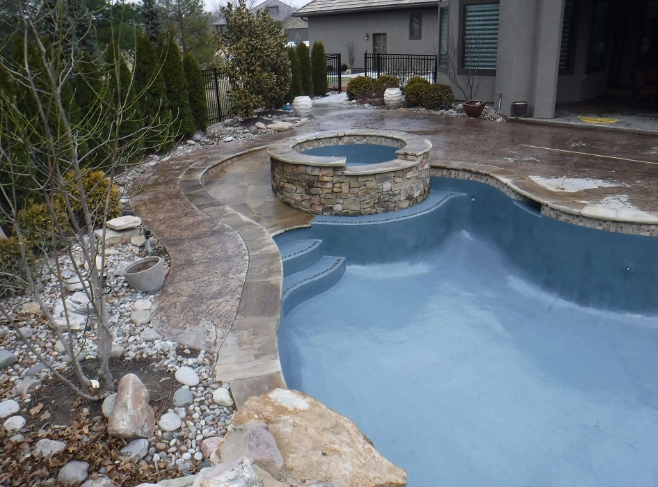 Empty pool with stone-accented hot tub on a patio, surrounded by plants and trees. The scene feels calm and slightly overcast.