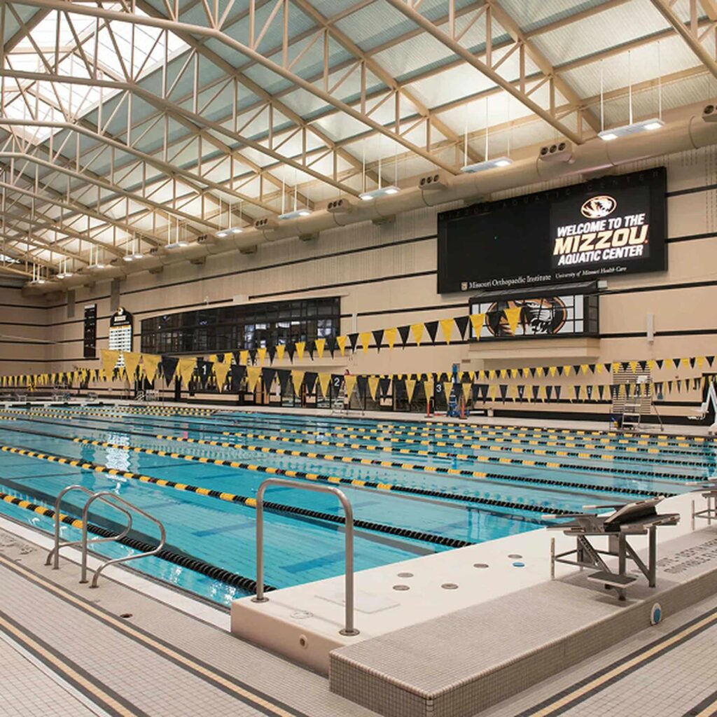 Spacious indoor swimming pool at Mizzou Aquatic Center. Bright, airy atmosphere.