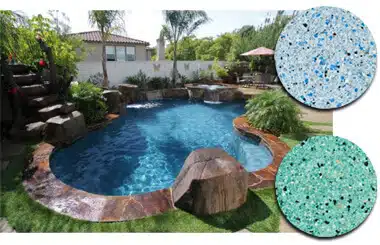 Backyard swimming pool with natural rock formations and lush landscaping plus sample tiles — custom pool design and finish options