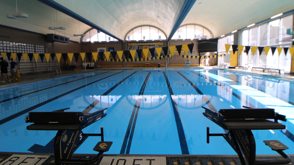 Indoor swimming pool with clear blue water, multiple diving blocks, and black and yellow pennant flags overhead. Bright natural light streams in, creating a serene and inviting atmosphere.