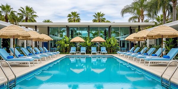 Luxurious poolside scene with blue lounge chairs and straw umbrellas surrounding a clear, inviting swimming pool, set against modern architecture and palm trees.