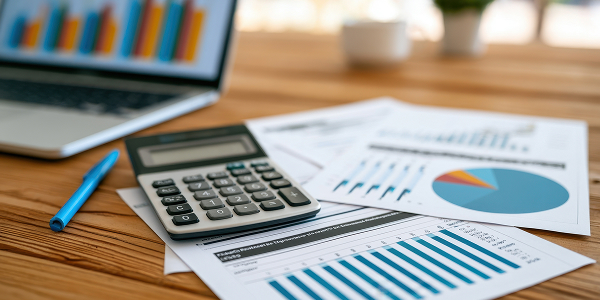 A wooden desk with financial reports, a calculator, and a pen in the foreground. A laptop displays colorful graphs, conveying an analytical and focused tone.