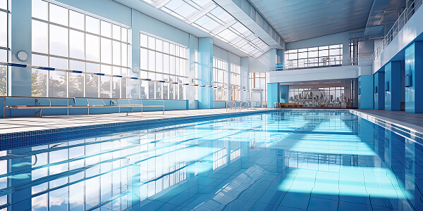 Spacious indoor swimming pool with large windows letting in natural light. The calm water reflects blue tiles, creating a serene and inviting atmosphere.