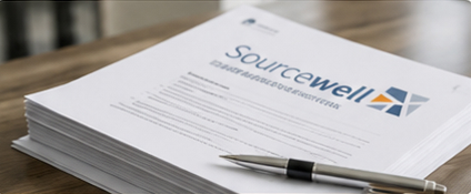 A stack of Sourcewell documents lies on a wooden table, accompanied by a silver pen. The scene conveys a professional and organized atmosphere