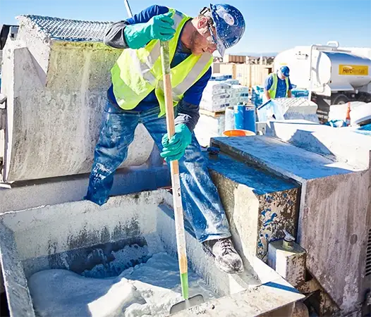A construction worker in a safety vest and helmet stirs white cement in a mixer using a long stick. The outdoor scene is bright and busy, with another worker and equipment in the background. The atmosphere is industrious and focused.